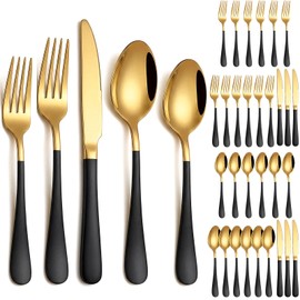 Dandat 30 Pcs Gold and Black Silverware Set Stainless Steel Set with Dinner Forks Knife Spoon Dessert Forks Steak Knives Cutlery Flatware for 6 Guest Wedding Dinner Party Restaurant Home Holiday Party