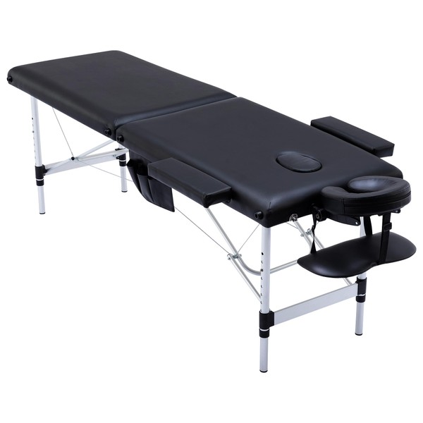 civama Massage Table Massage Bed Portable, 26 LBs Light Weight 2 Section Foldable Tattoo Bed Facial Care Spa Lash Bed Height Adjustable Sturdy Aluminum Frame with Accessories Carrying Bag, Black