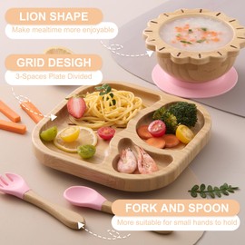 BABY REMEMBER Suction Plates Bowls Set for Baby Toddler Non-Toxic Bamboo Feeding Set with Silicone Fork & Spoon (Pink Feeding Set)