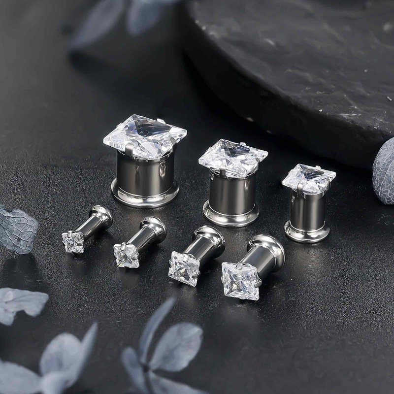 Ruifan Gauges For Ears ASTM F136 Titanium Square Clear CZ