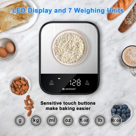 UNIWEIGH Food Scales for Kitchen,Digital Scale Grams and Ounces for Food Weight,Baking,Cooking,Meal Prep,Small Kitchen Scales with 7 Weighing Units/LED Display/Tare Function,Stainless Steel,Black