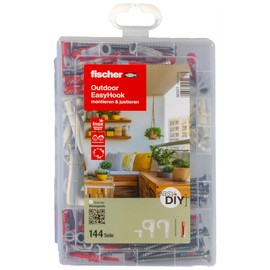 fischer easyDIY Box Outdoor EasyHook, 144-Piece Dowel and Screw Set Made of DuoPower Dowels, Hooks, Cover Caps and Stainless Screws, 6-8 mm Diameter, 30-40 mm Length, for DIY