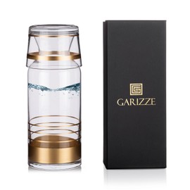 GARIZZE Bedside Water Carafe and Glass Set for Bedroom, Bedside Carafe and Glass Set, Mouthwash Decanter for Bathroom, Water Carafe with Glass Cup for Nightstand (24-oz/7-oz)(GOLD STRIPE)Standard Pack