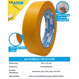 gws 1 Roll of Gold Tape, Painter's Tape for Painting, Painting, Varnishing, Crafts and Much More, Painter's Masking Tape, Removable Without Residue, Thin & Sturdy, Each 50 m x 25 mm