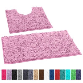 LuxUrux Pink Bathroom Rugs Luxury Chenille 2-Piece Bath Mat Set, Soft Plush Anti-Slip Bath Rug +Toilet Mat.1'' Microfiber Shaggy Carpet, Super Absorbent (Curved Set, Pink)
