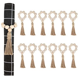 Wood Bead Napkin Rings Natural Wooden Beads Napkin Holders with Tassels Elastic Wooden Napkin Buckles for Christmas Farmhouse Wedding Home Table Decoration (12)
