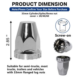 czyopo 33mm ABS Chrome Dome Screw-on Lug Nut Caps Standard Flanged Column Lug Nut Cover Dome for Semi Truck Trailer (60PCS)
