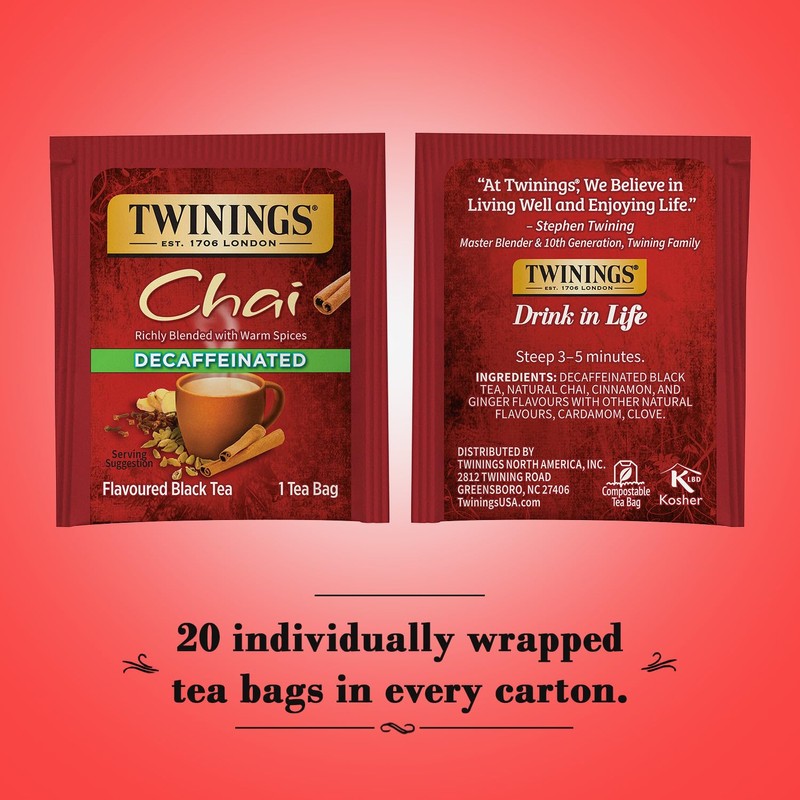 Twinings Decaffeinated Chai Tea, Black Tea Blend with Cinnamon, Ginger,
