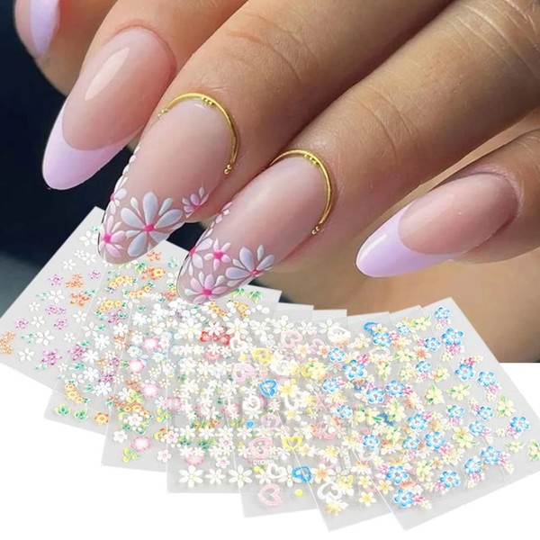 30 Sheets Colorful Nail Art Stickers Nail Supplies 3D Self Adhesive Flower Nail Decals Cute Daisy Heart Bow Knot Nail Design Stickers for Women Girls Manicure Tip Nail Decorations