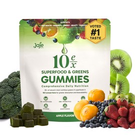 10EX Supergreens Gummies with Probiotics. 40+ Superfood Extracts. 10X Strength For 10X More Nutrients Per Serve. Gut, Energy, Nutrition Support. Apple-Flavor. 60-ct. Voted #1 Best Tasting Health Gummy