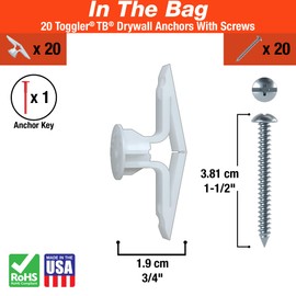 TOGGLER Toggle TB Residential Drywall Anchor with Screws, Polypropylene, Made in US, 3/8" to 1/2" Grip Range, For #6 to #14 Fastener Sizes (Pack of 20)