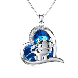 MEIDERBO Sterling Silver Cow Heart Pendant Necklace - Crystal Heart Pendant, Cow Jewelry Gifts for Women
