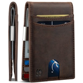SERMAN BRANDS Mens Money Clip Wallet. RFID Blocking Slim Front Pocket Wallets for Men, Full Grain Leather RFID Minimalist Card Holder (Texas Brown Navigator)