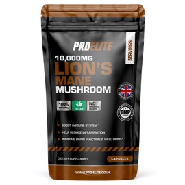Lions Mane Mushroom Supplement 10,000mg - 90 Capsules Vegan High Strength 20:1 Extract ? Lions Mane Capsule Not Powder or Tablets Made in The UK by PROELITE