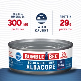 Bumble Bee Solid White Albacore Tuna in Water, 5 oz Can (Pack of 48) - Wild Caught Tuna - 29g Protein per Serving, High in Omega-3s - Non-GMO Project Verified, Gluten Free, Kosher