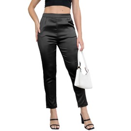 Women's Tapered Satin Pants Elastic Waist Business Work Casual Ankle Cropped Shiny Pants with Pockets Black