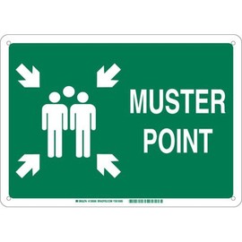 Brady 139574 Aluminum "Muster Point" Sign, Text and Symbol, 10" H x 14" W, White on Green