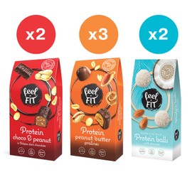 Feel FIT PROTEIN PRALINEN OHNE ZUCKERZUSATZ Mixbox: 2 x Kokosnuss mit ganzen Mandeln, 3 x Milchschokolade mit Erdnussbutter, 2 x Zartbitter-Haselnuss-Pralinen