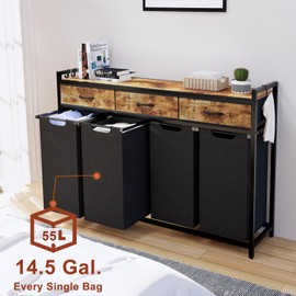 Timberer Laundry Hamper, Laundry Sorter 4 Sections, Rolling Laundry Basket with Wheels, 3 Drawers, 4 × 14.5 Gal (55 L), Pull-Out and Removable Oxford Fabric Bags, Black and Rustic Brown