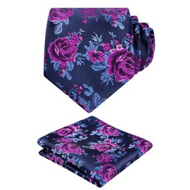 Alizeal Mens 3.15inches Rose Flower Pattern Tie with Floral Printed Pocket Square Set, Navy/Magenta