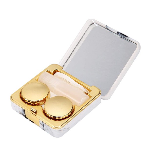 Soaking Contact Lens Case Mini Travel Portable Marble Surface Mirror Square Container Holder Golden, Silver, Rose Gold, Rose Red (Golden)