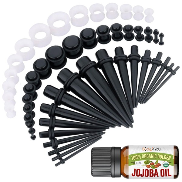 BodyJ4You 54PC Ear Stretching Kit 14G-12mm - Aftercare Jojoba Oil - Black White Acrylic Plugs Gauge Tapers Silicone Tunnels - Lightweight Expanders Men Women