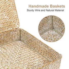 FOSSORH Set of 2 Flat Seagrass Storage Bins with Lid Wicker Storage Baskets for Organizing, Woven Shelf Organizer Bins Home Utility Organizer Box for Home & Office Supplies