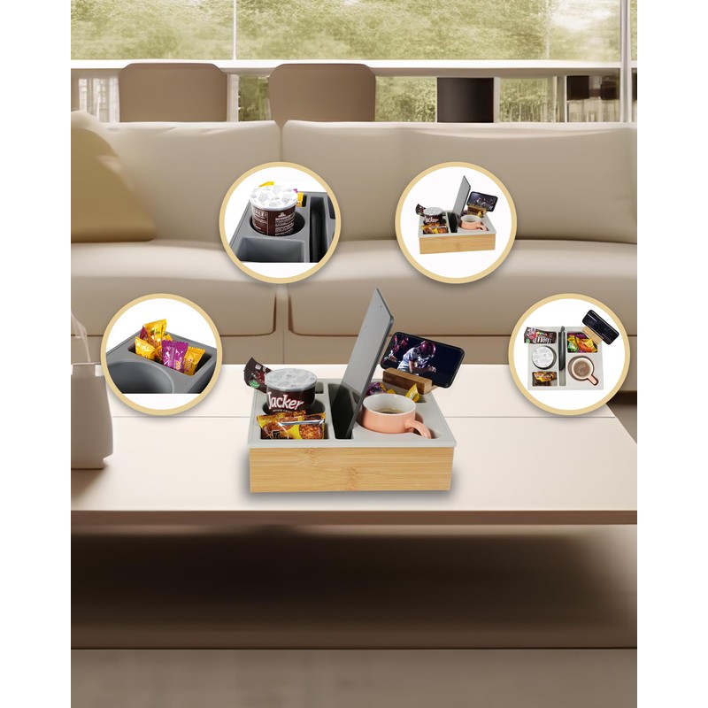 Hitseon Couch Cup Holder Tray, Handy Silicone Bamboo Couch Caddy