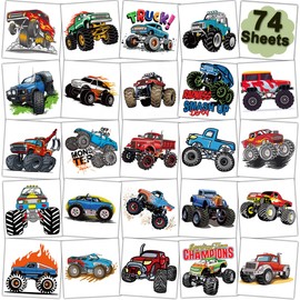 CHARLENT Temporary Monster Truck Tattoos for Kids Party Supplies - 74 Individual Sheets Monster Truck Tattoos for Boys Birthday Party Gifts and Goodie Bag Fillers