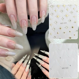 4 Sheets Star Nail Art Stickers French Nail Decals 3D Self-Adhesive Nails Art Supplies Gold Silver Stars Crystal Rhinestones Designs Stickers for Women Manicure Decoration