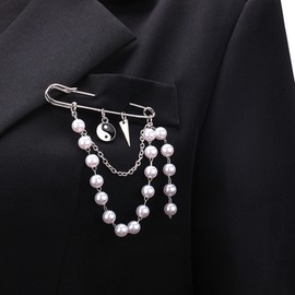 Silver Butterfly Pearl Safety Chain Brooch Pins for Women, Yin Yang Brooch Pins Sweater Shawl Clips Collar Brooch Tassel Chain Men's Suit Label Pins (Silver-B)