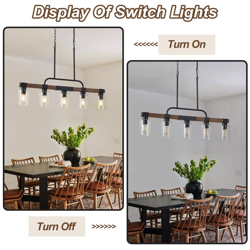 Farmhouse Dining Room Light Fixture ，Rustic Ceiling Pendant Light Fixtures，5-Light