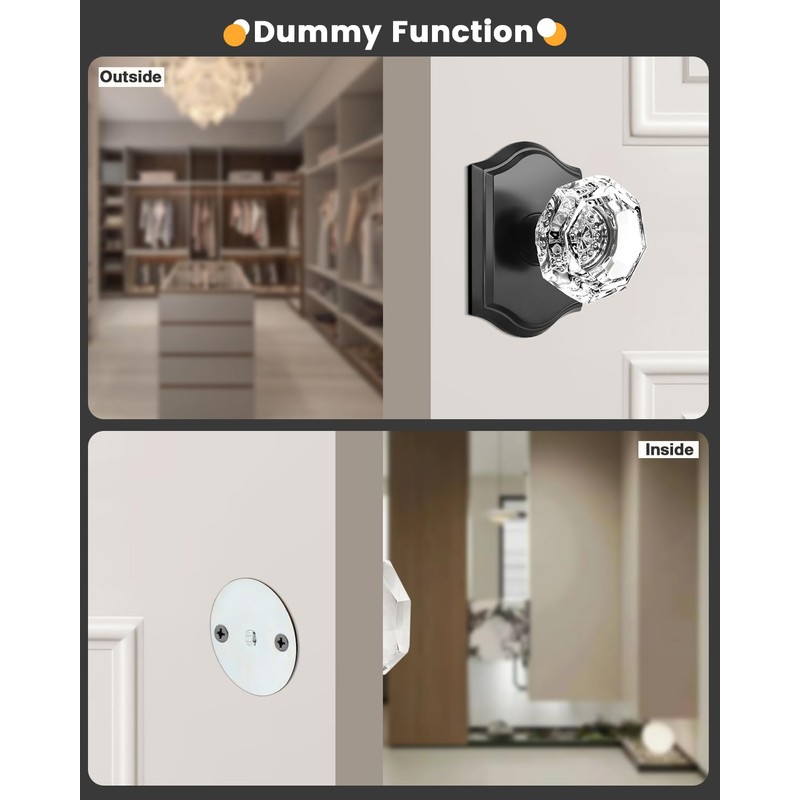 Gobrico 3 Pack Crystal Door Knobs with Matte Black Arched