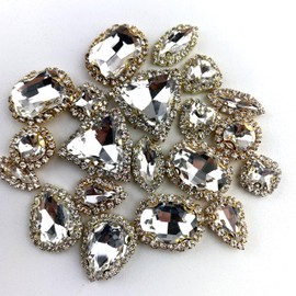 Heyiwell 20PC Mixed Shape High Grade Sew on Glass Rhinestone with Gold Claw Flatback Crystals Buckle for Wedding Dress,DIY Crafts,Clothing Accessories,White