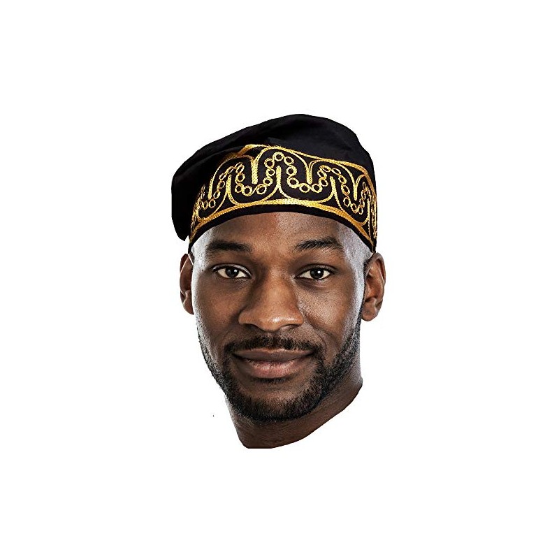 Dupsie's Adebo African Kufi Hat with Embroidery, Black and Gold,