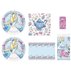 Alice in Wonderland Birthday Party Supplies Bundle Pack for 16 includes 16 Lunch Plates, 16 Lunch Napkins, 1 Table Cover