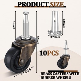 Set of 10 Stem Caster Wheels, Vintage Brass Casters with 1-5/8'' Rubber Wheels, Rubber Caster Wheel, Stem Casters for Table, Sofa, Chest, Dresser, Cabinet, Chair (1.4" Stem and 0.75" Dia Sockets)
