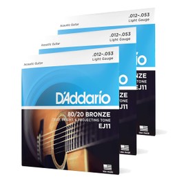 D'Addario D'Addario 80/20 Bronze-for 6 Deep, Bright, Projecting Tone-EJ11-3D-Light, 12-53-3-Pack Acoustic Guitar Strings (EJ11-3D)