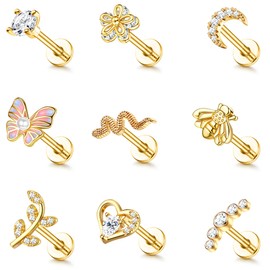 JeryWe 9Pcs 16G Cartilage Earrings for Women Stud Earrings Set Tragus Helix Conch Earrings Internally Threaded Labret CZ Earrings Butterfly Moon Earrings Piercing for Women Gold 6MM