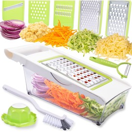 Katleay 5 in 1 Vegetable Slicer Manual Vegetable Slicer with Container, Onion Cutter Adjustable, Mandolin Vegetable Slicer, Nicer Dicer Kitchen Grater, with 5 Interchangeable Blades, for Vegetables,