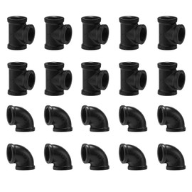 1/2" Black Painted Tee & Elbow, 20 Pack Threaded Cast Iron Pipe Elbow/Tee for Steampunk Vintage DIY Pipe Decor Project/Furniture/Shelving Decoration (20, Black Painted 1/2 Inch(10 Elbows, 10 Tees))
