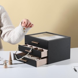 Frebeauty Clear Lid Jewelry Box,3-Layer Jewelry Organizer with Drawer,PU Leather Jewelry Organizers and Storage,Jewelry Boxes for Women,Jewelry Storage for Rings Earring Stud,Gift for Women(Black)