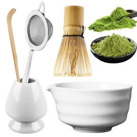 Matcha Set of 5 Matcha Tea Set for Traditional Matcha Preparation, Powder Strainer, Bamboo Matcha Whisk, Bamboo Tea Spoon, Tea Whisk, Matcha Bowl, Matcha Preparation Set (White)