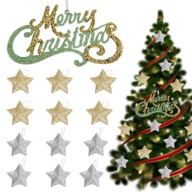 KASESSS Christmas Tree Decorations, 1PCS Merry Christmas Letter Plaques and 12PCS 3D Star, Shiny Christmas Decorations Tree, Xmas Tree Decorations for DIY, Funny Christmas Tree Hanging Ornaments