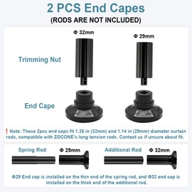 ZOCONE Black End Caps 2 PCS, 32mm 29mm Finials for 51-168,148, 128 Inches Tension Curtain Rod