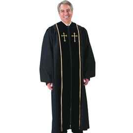 Black Pulpit Robe with Beautiful Gold Embroidery (55 Medium: 5'8" - 5'9" Height. 55" Back Length. 33" Sleeve Length)