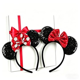 [Pack of 2] Mouse Ears Headbands, Black Mouse Ears with Red Bow and White Dots for Cosplay Costumes, Fancy Dress Accessories, Parties, Festivals etc