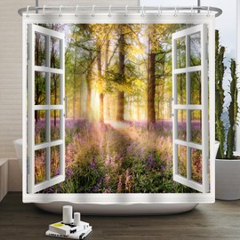 ASDCXZ Window View Shower Curtain 180x180 cm, Spring Purple Flowers Green Forest Jungle Sunshine Bath Washable Shower Curtains Polyester Textile Waterproof Bath Curtain for Bathtub with 12 Hooks