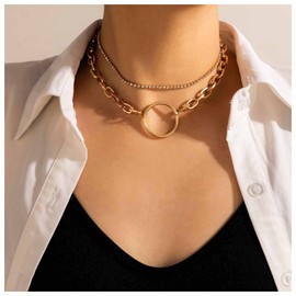 Cimenexe Punk Circle Karma Necklace Choker Geometric Circle Choker Necklace Layered Tennis Chain Necklace Gold Cuban Link Collarbone Necklace Chain Jewellery for Women