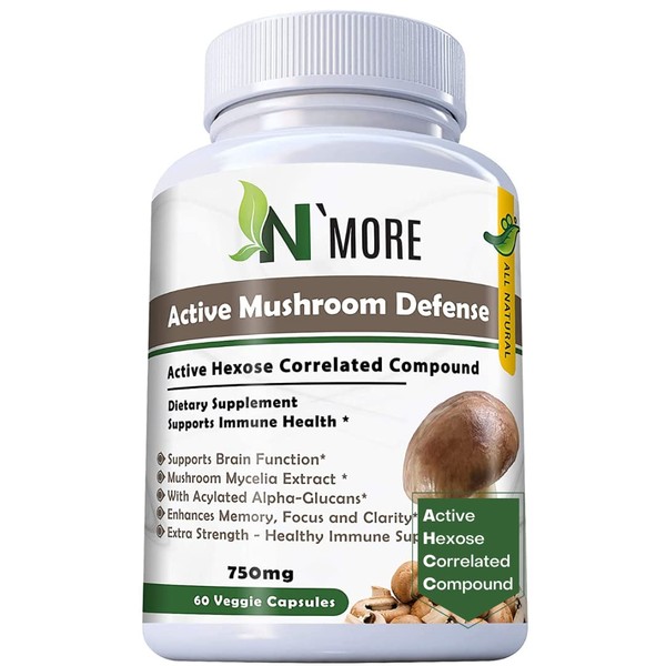 N' MORE Six Active Mushroom Defense Dietary Supplement Supports Immune Health 60 Veggie Capsules 750 mg